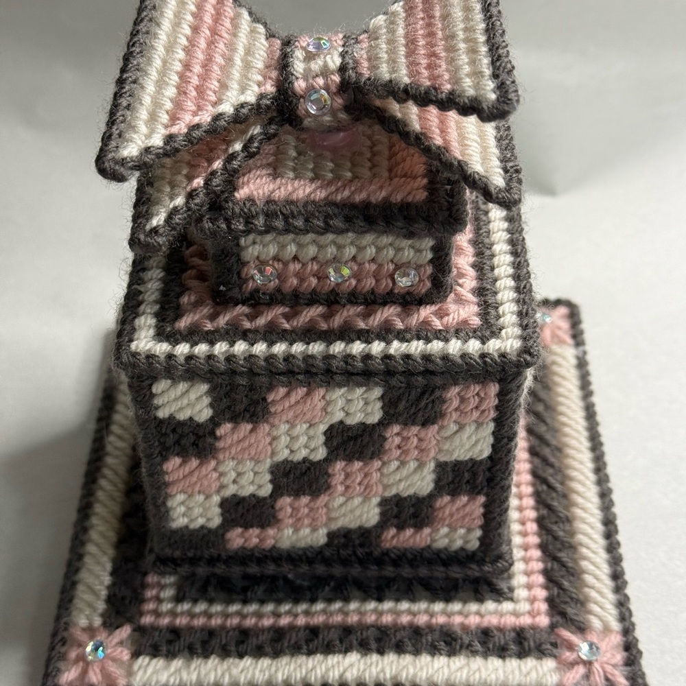 Handcrafted Pink and Gray Yarn Box with Bow